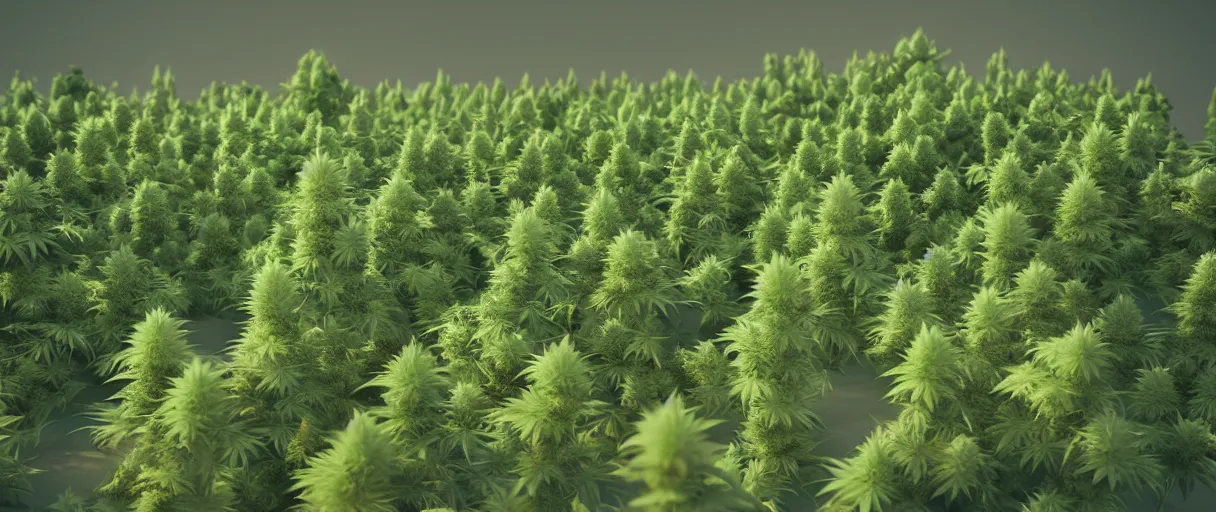 Image similar to 3 d render low poly art, cannabis trees and flowers, field of stoner dreams, unreal engine, dreamy, bokeh