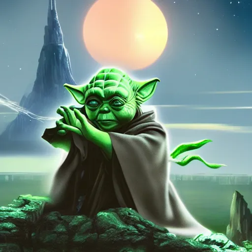 Image similar to r 2 pranking master yoda with an electric shock, huge disturbance in the force, cap canaveral background, digital art, trending on art station, high quality, uhd 8 k, beautiful, golden hour, intricate detail, high gradient, raytracing, dynamic lighting, sharp focus