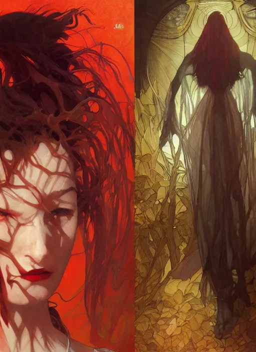 Image similar to symmetry! portrait of nosferatu, red spike aura in motion, floating pieces, painted art by tsuyoshi nagano, greg rutkowski, artgerm, alphonse mucha, spike painting