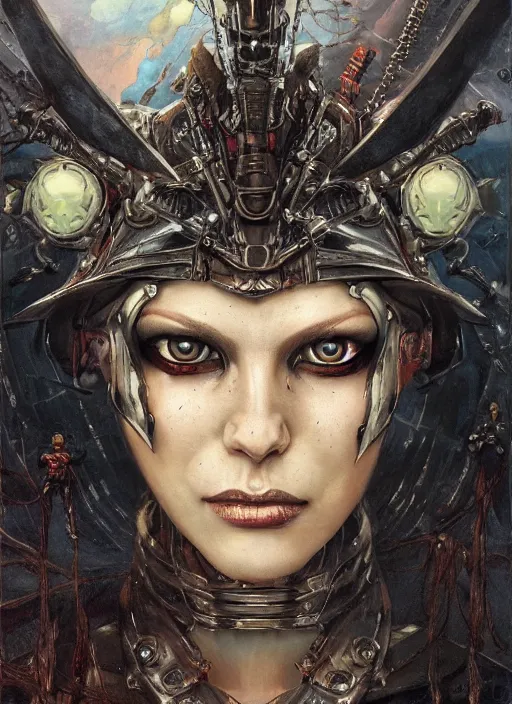 Prompt: symmetry! middle closeup of a biblical diabolical pirate girl! stylish cyborg mimick armor, heavy eyes to the side, closeup, bright glowing eyes, in clouds, rain, sunset, portrait, by gerald brom, by mikhail vrubel, by peter elson, muted colors, extreme detail, mirrors, trending on artstation, 8 k