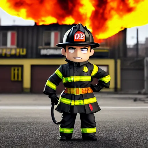 Image similar to dirty heroic firefighter in action as nendoroid in black and yellow uniform, with fire flames and ruined building in background, sharp details, sharp focus, anime, disney, pixar, 8 k, hd, dof, kodak film, volumetric lighting, subsurface scattering, photorealistic, octane render, details