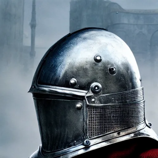 Image similar to close - up of an armoured knight in a movie directed by christopher nolan, movie still frame, promotional image, imax 7 0 mm footage