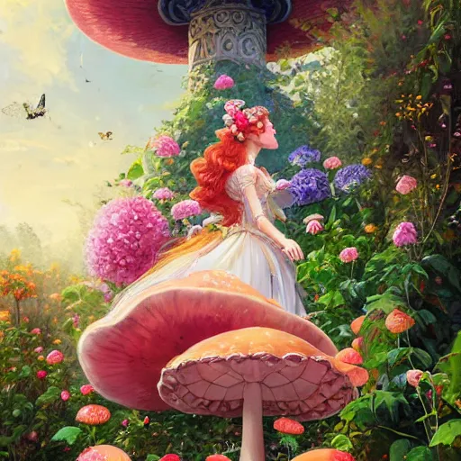 Prompt: portrait of princess peach, running through a hedge garden of exotic flowers in the Mushroom Kingdom, giant mushrooms, and roses, from behind, streets, birds in the sky, sunlight and rays of light shining through trees, beautiful, solarpunk!!!, highly detailed, digital painting by Michael Garmash and Peter Mohrbacher