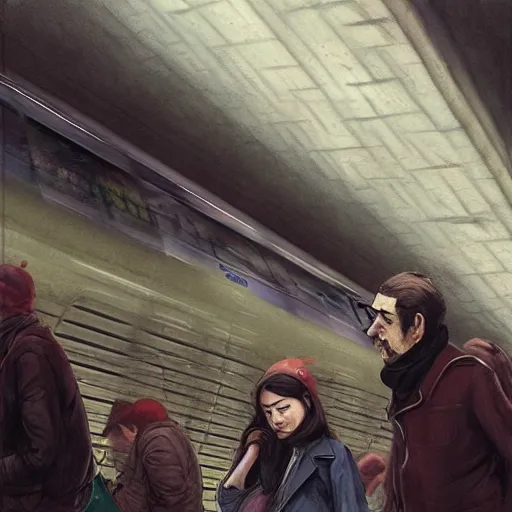 Prompt: commuters in the rush hour at the platform of an underground santiago metro station in direction to nowhere, by raoul ruiz, esao andrews and greg rutkowski