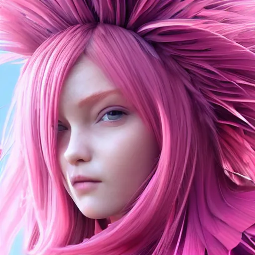 Image similar to girl with an eccentric pink haircut wearing an long dress made of feathers, full character, realistic art work, cgi, anime, 8 k, ultra hd, sketch anime