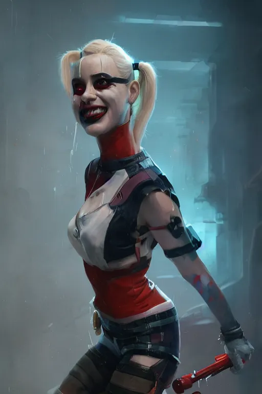 Image similar to a portrait of a sci-fi Harley Quinn by Greg Rutkowski, Sung Choi, Mitchell Mohrhauser, Maciej Kuciara, Johnson Ting, Maxim Verehin, Peter Konig, final fantasy , mythical, 8k photorealistic, cinematic lighting, HD, high details, atmospheric,