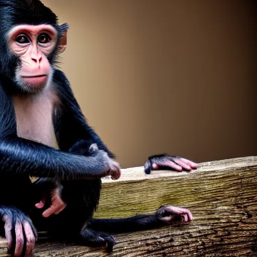 Image similar to high quality portrait of a monkey wearing black suit, studio photograph, photograph, realistic photo, 8k photo, 4k photo, stock photo, high resolution, cinematic shot, high detail