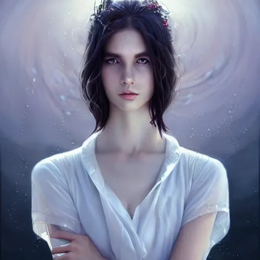 Prompt: an beautiful goddess in a short sleeved white blouse and white long flowing hair, modern, wet skin, shiny, fine art, awesome fantasy book cover on Pinterest, award winning, dark fantasy landscape, fantasy magic, intricate, elegant, sharp focus, cinematic lighting, highly detailed, digital painting, concept art, art by WLOP and Artgerm and Greg Rutkowski, masterpiece, trending on artstation, 8K