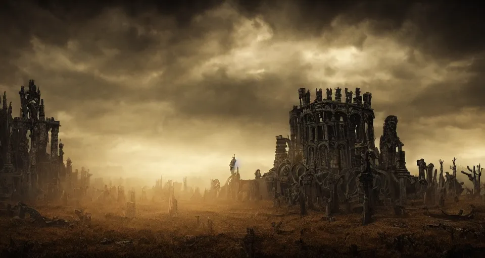 Image similar to bone labyrinth made out of gigantic monster bones, art deco medieval style, grimdark vibes, golden skeleton statue in center of labyrinth, abandoned vibes, gloomy moody clouds, god sun rays, complimentary color scheme, G liulian Art style, dynamic lighting, highly detailed, cinematic landscape, octane render, unreal engine