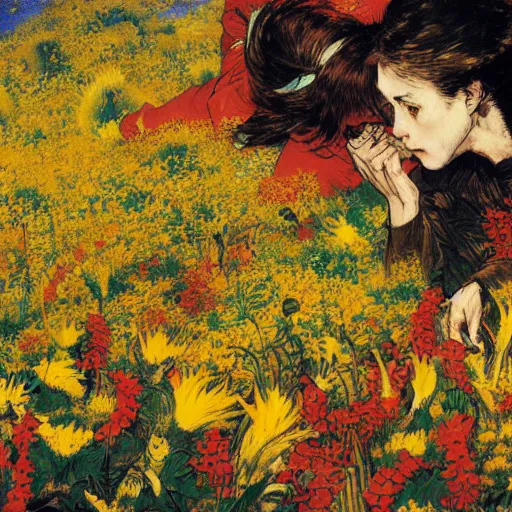 Prompt: 2 people in red desert drowning in a sea of yellow flowers, surrounded by swirls of prickly flowers rage , highly detailed, intricate, surreal, painting by Franz Marc, part by Yoji Shinkawa, part by Norman Rockwell