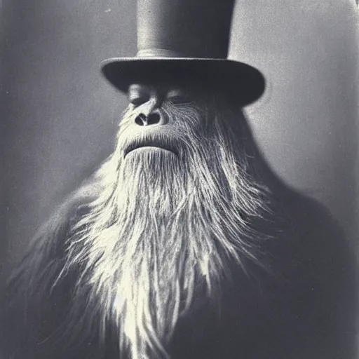 Prompt: a vintage wet plate portrait of a dignified bigfoot with a top hat and cane, extremely detailed, by julia margaret cameron!!!!!!!!!!!!!!!!!!