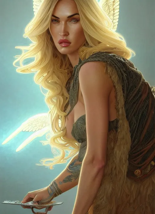 Image similar to portrait of megan fox as an blonde angel, wings, bible, intricate, headshot, highly detailed, digital painting, artstation, concept art, sharp focus, cinematic lighting, illustration, art by artgerm and greg rutkowski, alphonse mucha, cgsociety