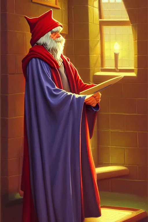 Prompt: classic oil painting, a comfy wizard wearing a nightcap, as a dnd character, inside of a highschool locker room, highly detailed, digital illustration, concept art, smooth, sharp focus, art by tim hildebrandt, and greg hildebrandt