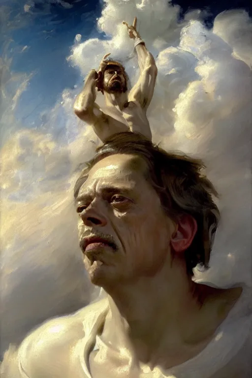 Image similar to beautiful detailed expressive impressionistic oil painting portrait of ancient roman god emperor steve buscemi ascending into the clouds wearing the civic crown, renaissance painting, art by anders zorn, wonderful masterpiece by greg rutkowski, expressive brush strokes, beautiful cinematic light, american romanticism by greg manchess, jessica rossier