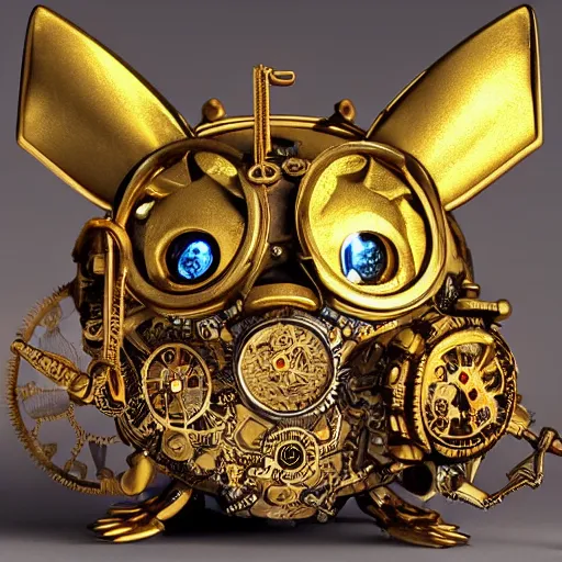 Image similar to A steampunk Pikachu made from ornate engraved full plate armor and watch gears and several jewels, macro shot by Justin Gerard, unreal engine, detailed, intricate, physically based rendering