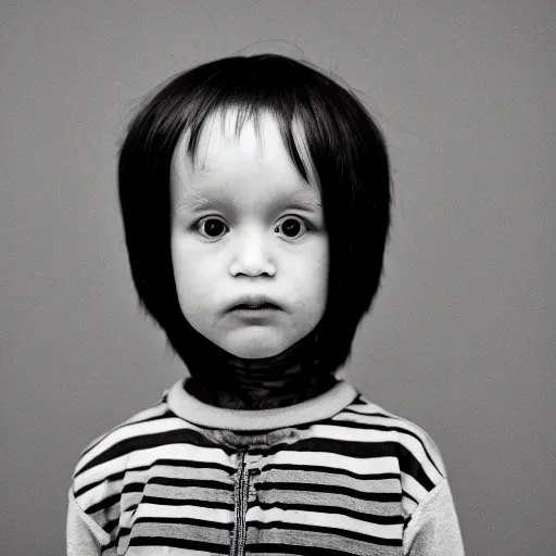 Prompt: the face of punk rock alien boy at 3 years old wearing balenciaga clothing, black and white portrait by julia cameron, chiaroscuro lighting, shallow depth of field, 8 0 mm, f 1. 8