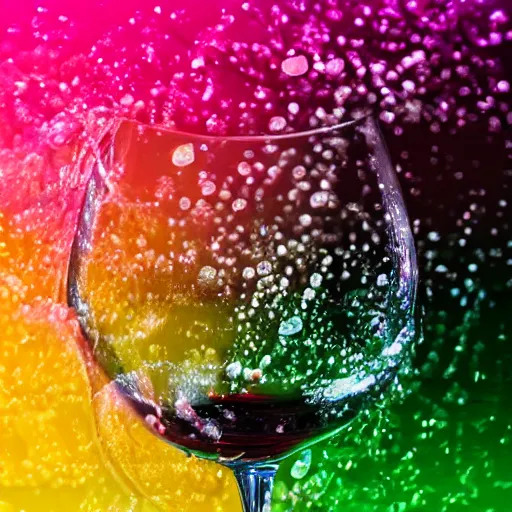 Prompt: wine surrounded by artistic rainbow bubbles in front of a black background