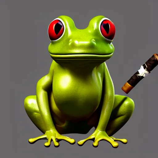 Image similar to a high quality photo of an antropomorphic frog wearing a suit smoking a cigar, 3d scene, render, ultra realistic, artstation, cgsociety