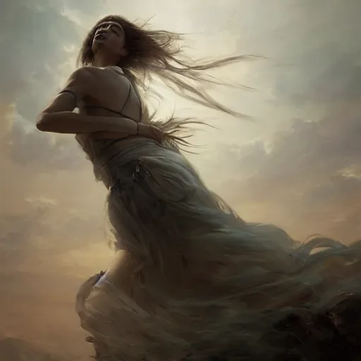 Image similar to a beautiful portrait of a wind goddess fading into the clouds by Greg Rutkowski and Raymond Swanland, Trending on Artstation, ultra realistic digital art