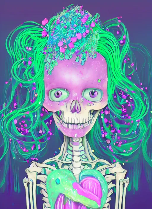 Prompt: melting anorexic pastel cute pallete slimy angelic skeleton being, decora inspired illustrations, maximalist cgi, soft lighting, early computer graphics