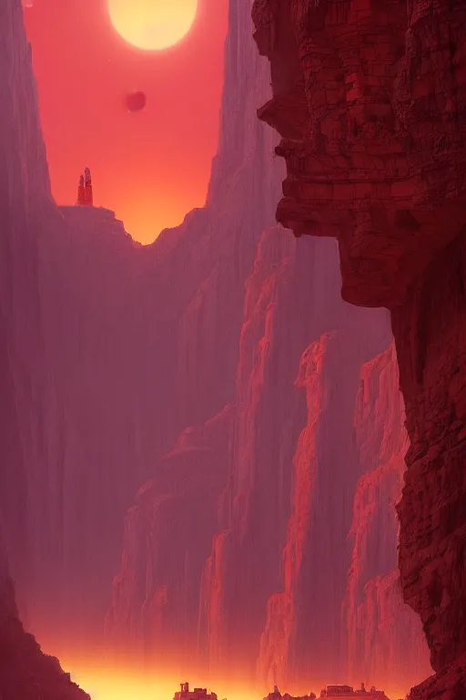 Image similar to ancient temples glowing red in canyon, monks, ruins, light streaks in the sky, floating planets and moons, dramatic lighting, artstation, matte painting, ralph mcquarrie, simon stalenhag