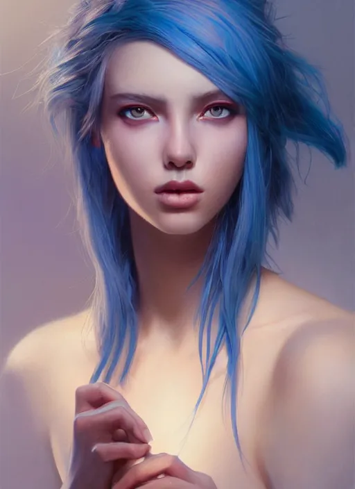 Image similar to girl with unkempt blue hair, beautiful highly detailed face, complementary lighting, backlit, eyeshadow, divine, beautiful painting by artgerm and greg rutkowski and raymond swanland