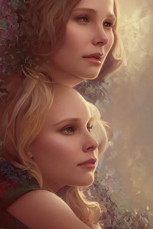 Image similar to chubby kristen bell, intricate, elegant, highly detailed, digital painting, artstation, concept art, smooth, sharp, focus, illustration, art by artgerm and greg rutkowski and alphonse mucha