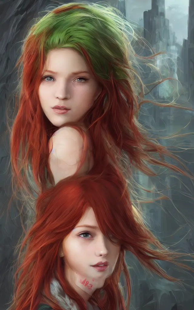 Image similar to beautiful cute red haired joyful and playful 1 9 year old maiden standing up in casual green clothing, long hair, modern city, rpg character, sci - fi, fantasy, intricate, elegant, digital painting, artstation, concept art, smooth, 8 k frostbite 3 engine, ultra detailed, art by artgerm and greg rutkowski and magali villeneuve