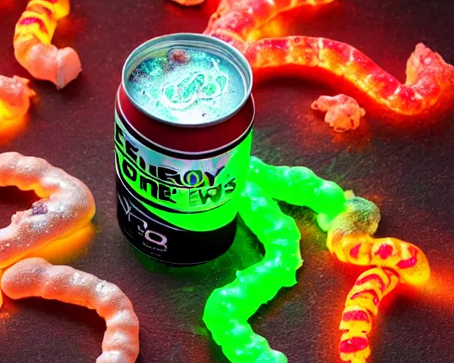 Image similar to energy drink made out of glowing ooze, candy worms, and mud.