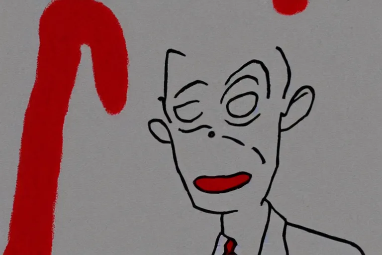 Prompt: red on white background ms paint doodle of group portrait of mr bean grey goblin looking funny looking smug