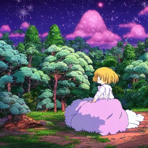 Image similar to in studio ghibli, moving castle, photo realistic, forest with detail, little girl dreaming with beautiful sky, aurora, supernova