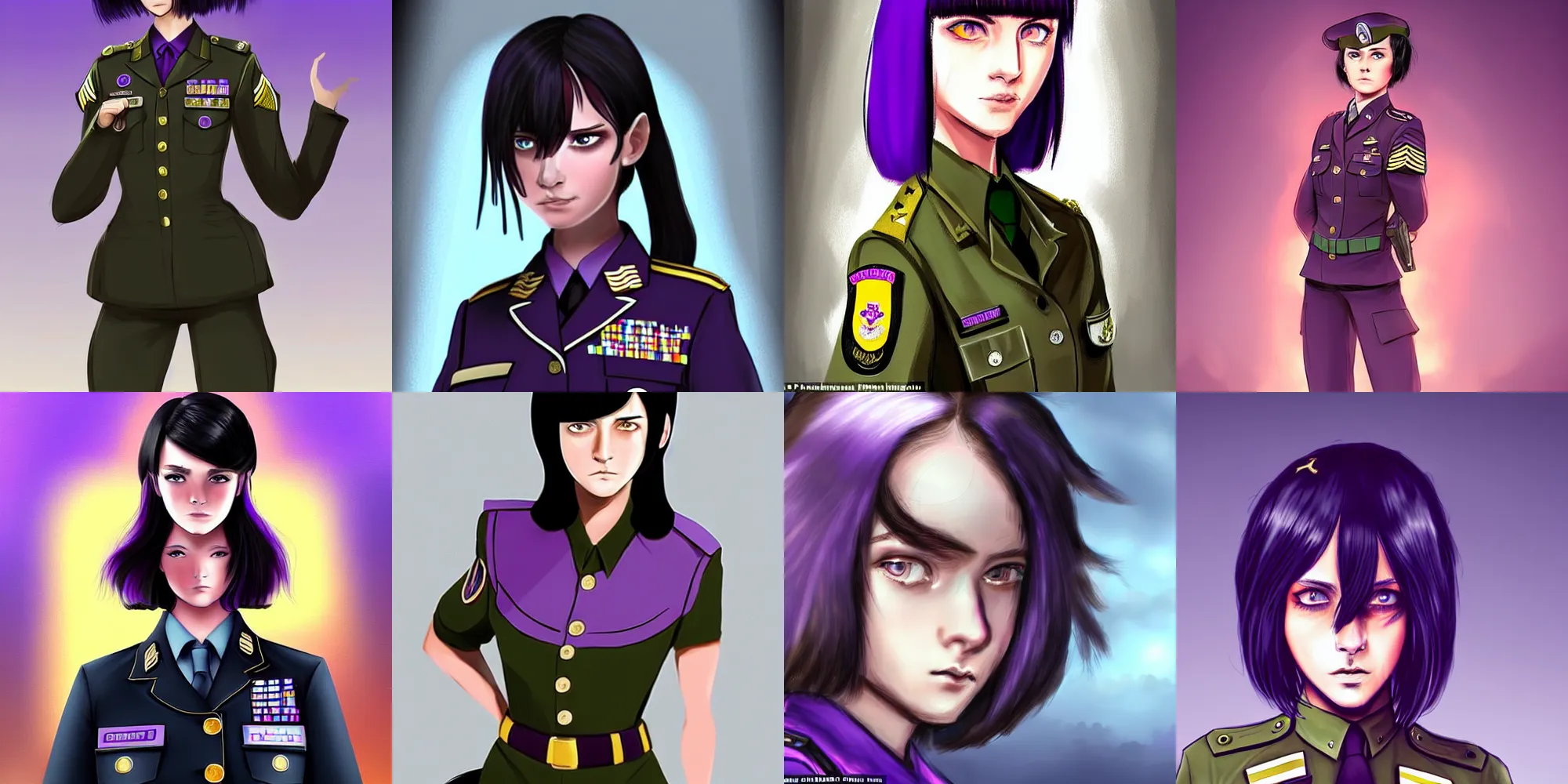 Prompt: the girl was dressed in a military uniform. her hair was short and black, gleamed slightly in the sun. her purple eyes gazed at the camera, digital concept art