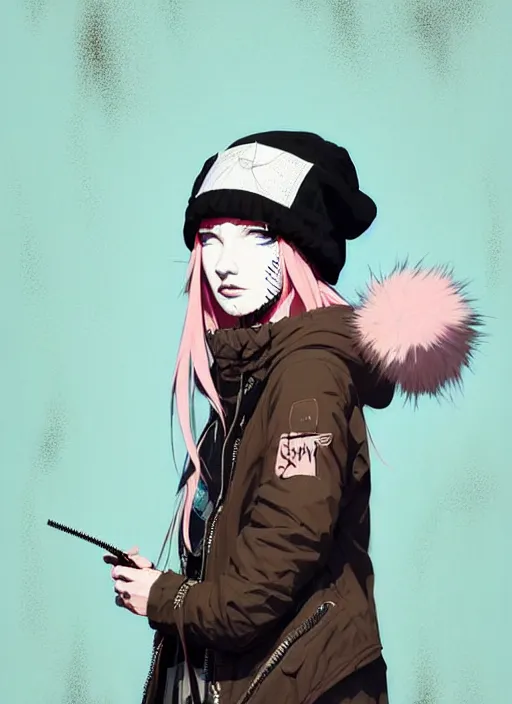 Prompt: highly detailed portrait of a street punk lady student, blue eyes, parka jacket, beanie hat, white hair by atey ghailan, by greg rutkowski, by greg tocchini, by james gilleard, by joe fenton, by kaethe butcher, gradient pink, black, brown and light blue color scheme, grunge aesthetic!!! ( ( graffiti tag wall background ) )