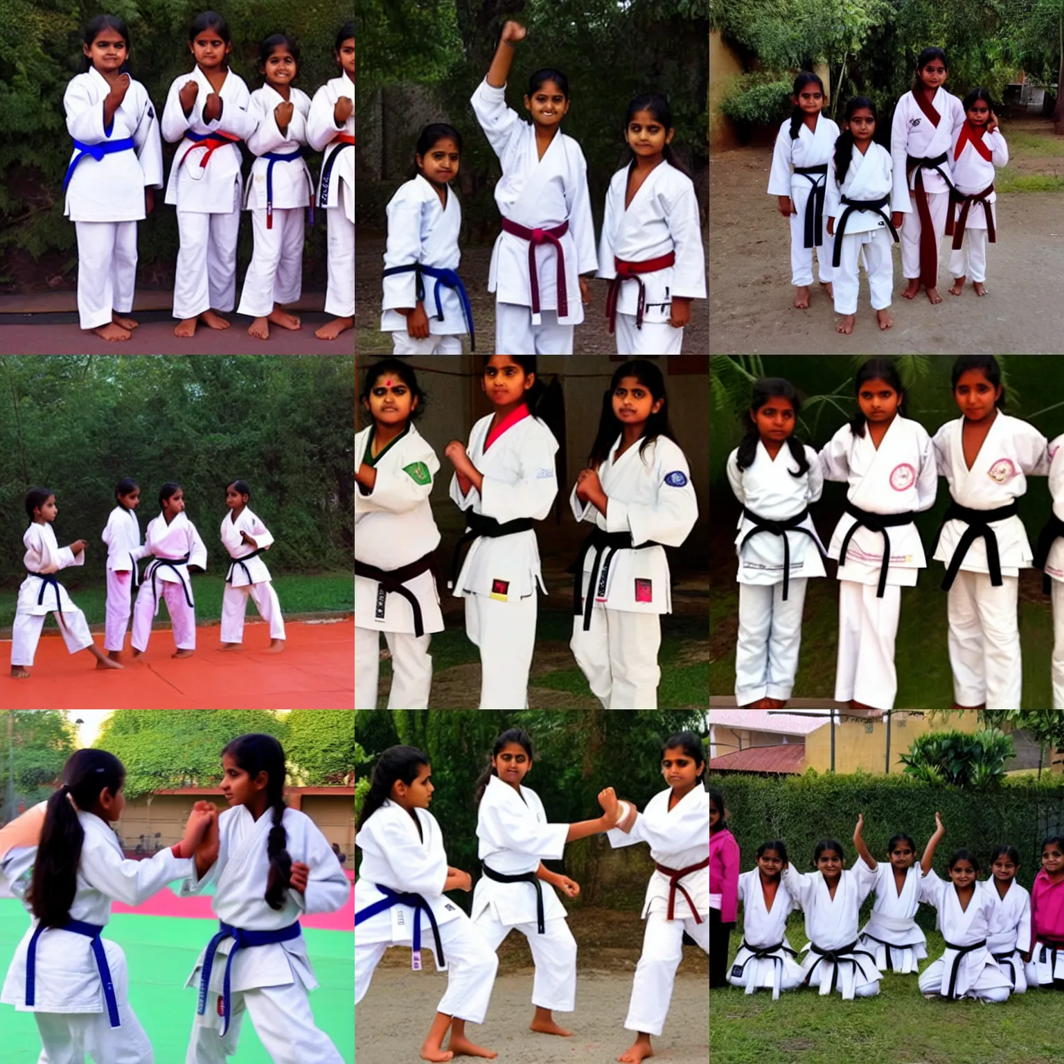 Prompt: three indian schoolgirls learn karate