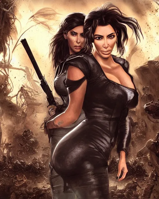 Image similar to A film still of kim kardashian being tackled by zombies in resident evil, highly detailed, digital painting, artstation, concept art, sharp focus, illustration, cinematic lighting, art by artgerm and greg rutkowski and alphonse mucha diffuse lighting, fantasy, intricate, elegant, highly detailed, lifelike, photorealistic, digital painting, artstation, illustration, concept art, smooth, sharp focus, art by John Collier and Albert Aublet and Krenz Cushart and Artem Demura and Alphonse Mucha