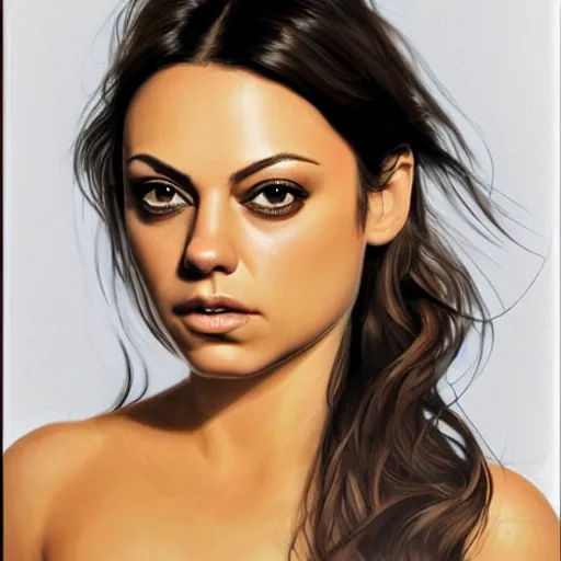 Image similar to mila kunis, head and shoulders portrait, extremely detailed masterpiece, one single continues line.