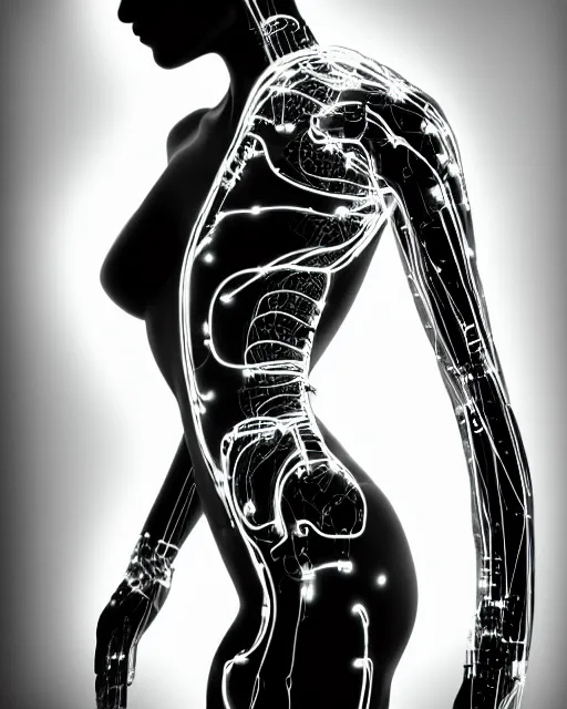 Image similar to black and white artistic photo, full figure, young female cyborg - vegetal, microchip, artificial intelligence, bio - mechanical bio - luminescence, black wired cables, cinematic, rim light, photo - realistic, 8 k