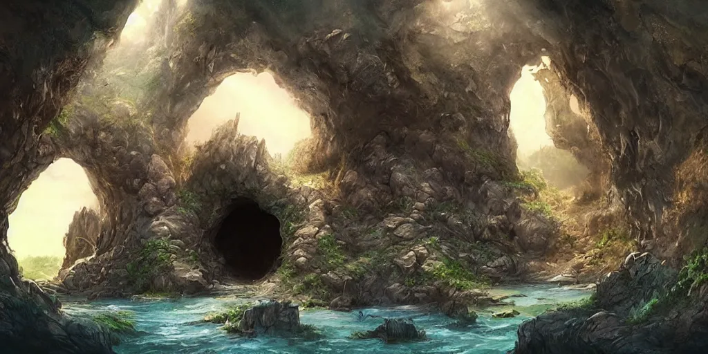 Image similar to beautiful matte painting of a fantasy cave entrance