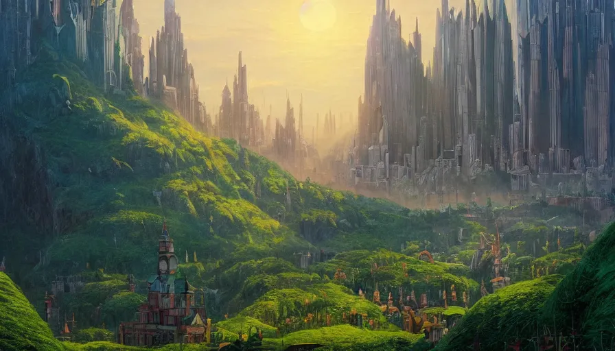 Prompt: a beautiful establishing shot of the emerald city from wizard of oz, by greg rutkowski and kalin popov, trending on artstation, masterpiece,