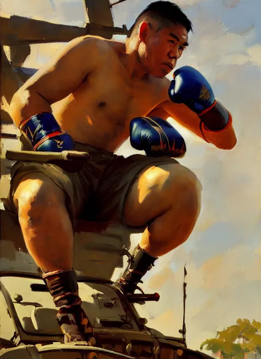 Image similar to greg manchess side portrait of a filipino boxer sitting on a tank holding a mace, organic painting, sunny day, matte painting, bold shapes, hard edges, street art, trending on artstation, by huang guangjian, gil elvgren, ruan jia, randy vargas, greg rutkowski