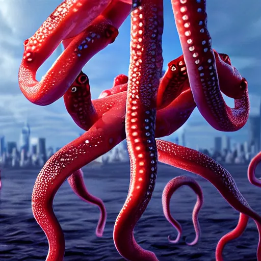 Image similar to hyperrealism simulation of parallel universe highly detailed human octopuses'wearing transperant jackets floating in new - york in surreal scene from art house movie from future by caravaggio rendered blender and octane render