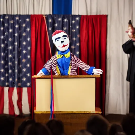 Image similar to puppet show with a puppeteer using a string marionette of a president with clown makeup in a podium