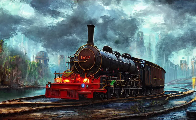 Image similar to A steam locomotive rides inside of a waterway on a fantasy city. Fantasy and concept art, colorful digital painting, unreal engine.