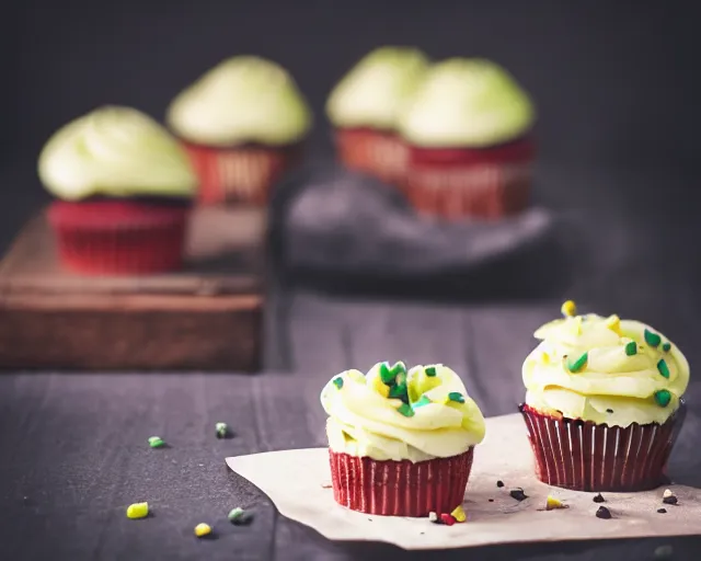 Image similar to dslr food photograph of a cupcake with a slice of pickle on top, 8 5 mm f 1. 4