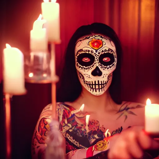 Image similar to film photography of beautiful Mexican actress in sugar skull makeup, illuminated by candlelight, cinestill 800, 85mm