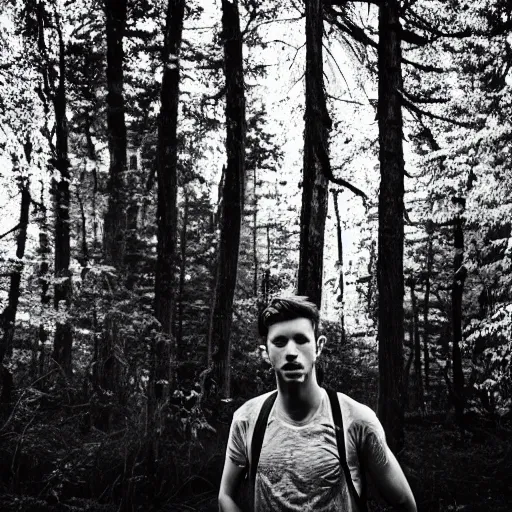 Image similar to black and white portrait of ryan winter in the forest