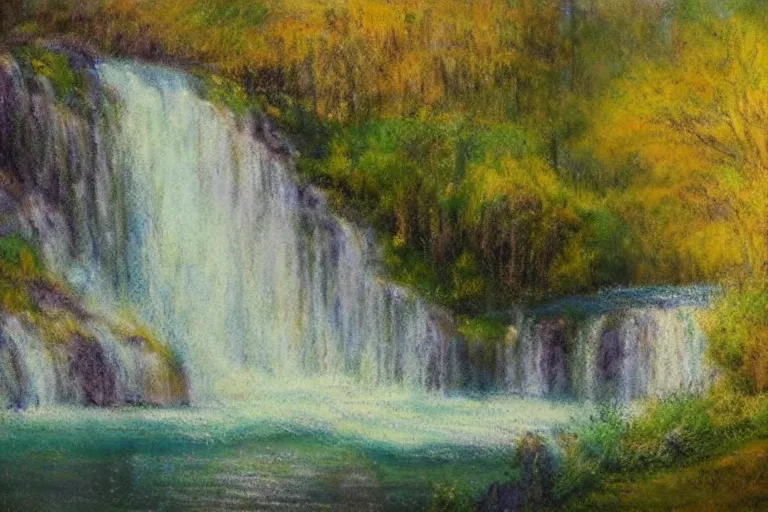 Image similar to beautiful landscape, waterfall, impressionist, masterpiece, pastel, muted