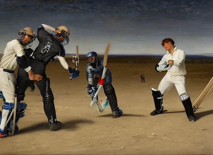 Image similar to a cricket match on the moon by edgar maxence and caravaggio and michael whelan and delacroix style, artistic, intricate painting, cinematic lighting, hyper realistic, extremely detailed, establishing shot, 8 k resolution, dramatic lighting