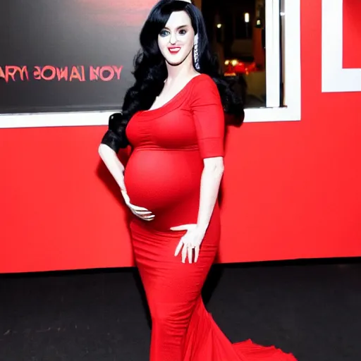 Image similar to Pregnant Katy Perry in a red dress at a movie premiere, paparazzi photograph