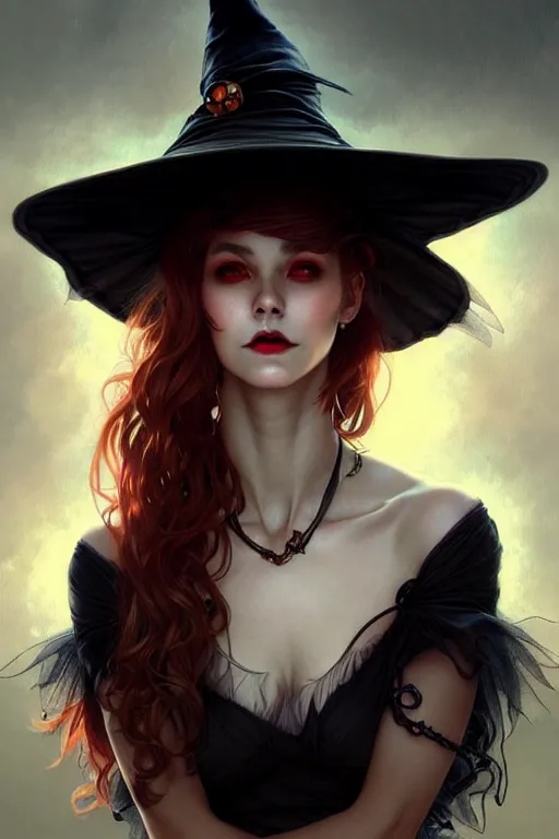 Image similar to halloween witch woman in a hat, fantasy magic, undercut hairstyle, intricate, elegant, sharp focus, illustration, highly detailed, digital painting, concept art, matte, art by wlop and artgerm and greg rutkowski and alphonse mucha, masterpiece